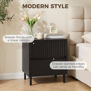 Close-up of black bedside cabinet's linear drawer front and slanted handle design