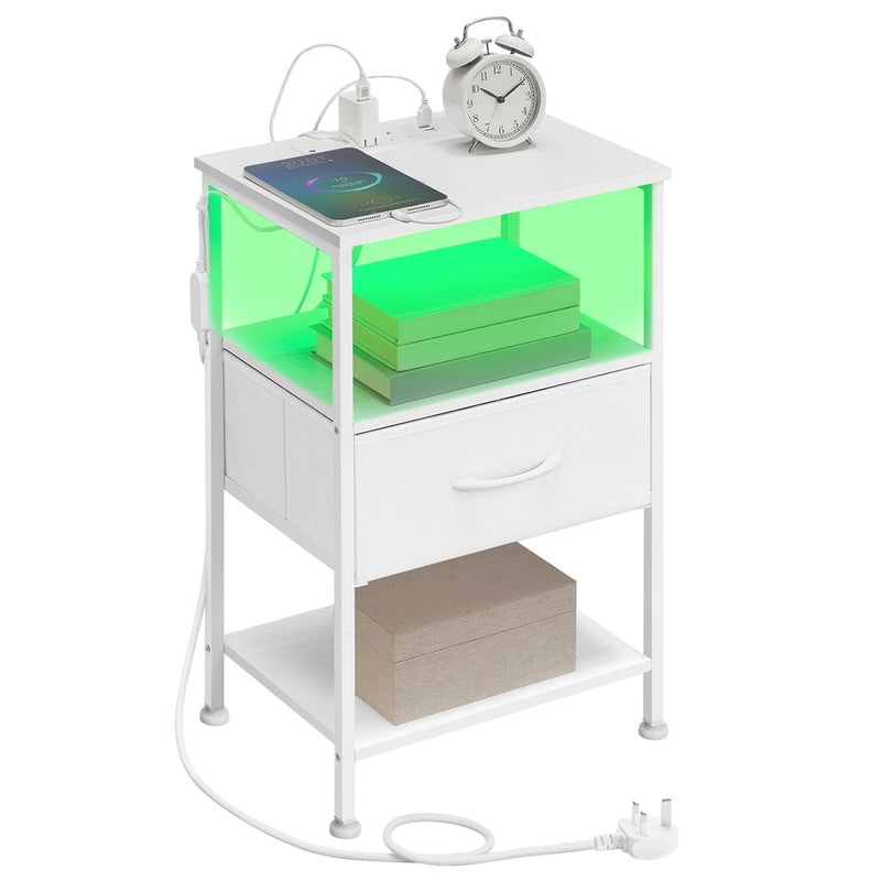 Cloud White bedside table with one fabric drawer and a green-lit open shelf, styled with an alarm clock and a charging phone