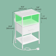 Dimension diagram showing the white bedside table at 39.6 cm wide, 30 cm deep and 60.4 cm tall with an 18 cm lit shelf