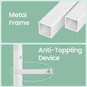 Detail panel showing the square white metal frame tubing and the anti-toppling strap fixed to the upright