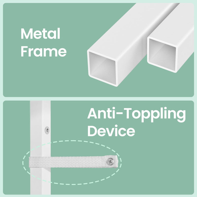 Detail panel showing the square white metal frame tubing and the anti-toppling strap fixed to the upright