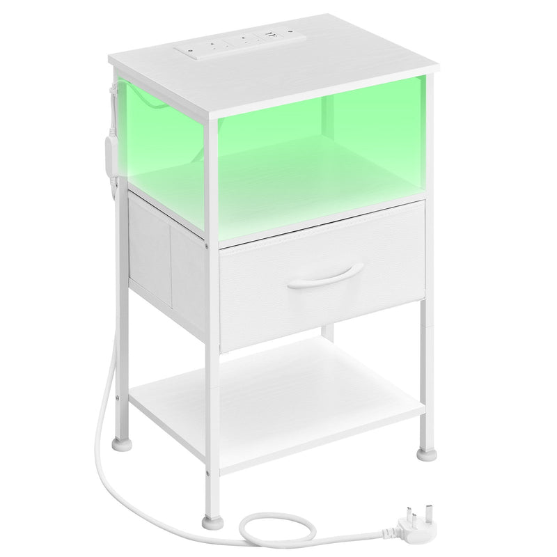 Plain studio view of the Cloud White bedside table showing the lit shelf, single fabric drawer and lower open shelf
