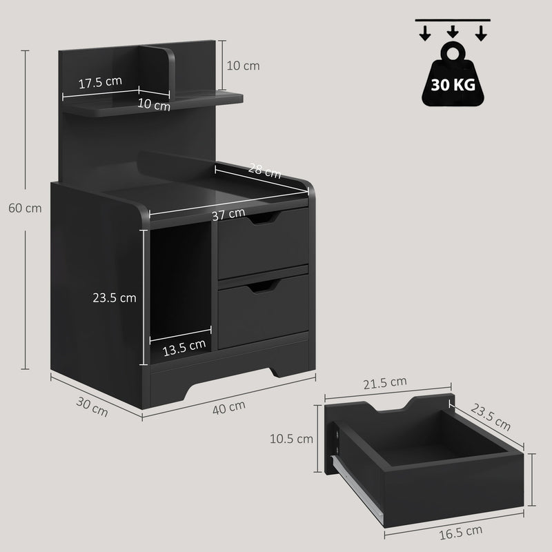Dimensions diagram showing the 40 x 30 x 60 cm bedside table, drawer size and 30 kg weight capacity