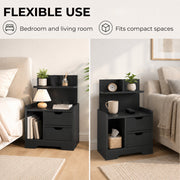 Bedside table shown in a bedroom setting and a living room setting for flexible use
