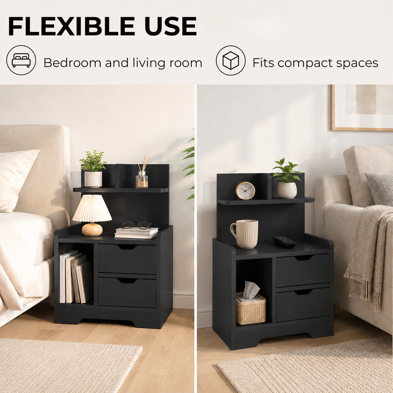 Bedside table shown in a bedroom setting and a living room setting for flexible use
