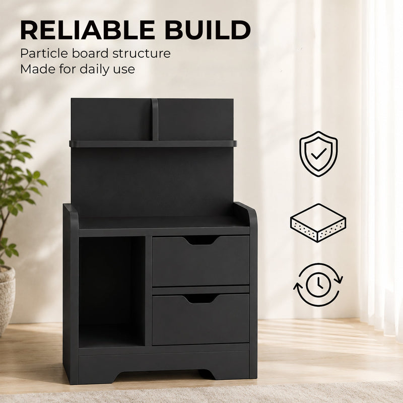 Particle board construction of the bedside table shown with build quality icons