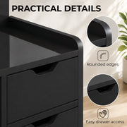 Close-up of the rounded corner edge and drawer handle cut-out on the bedside table