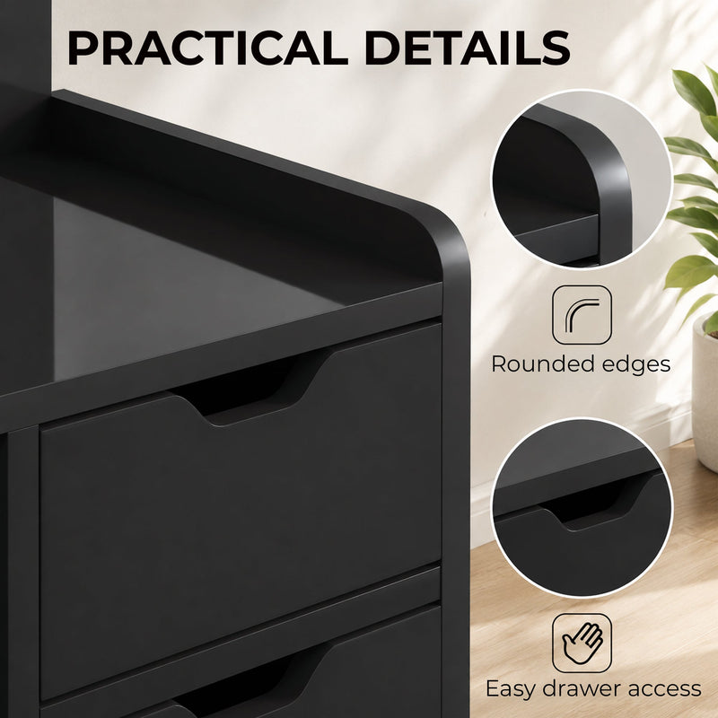 Close-up of the rounded corner edge and drawer handle cut-out on the bedside table