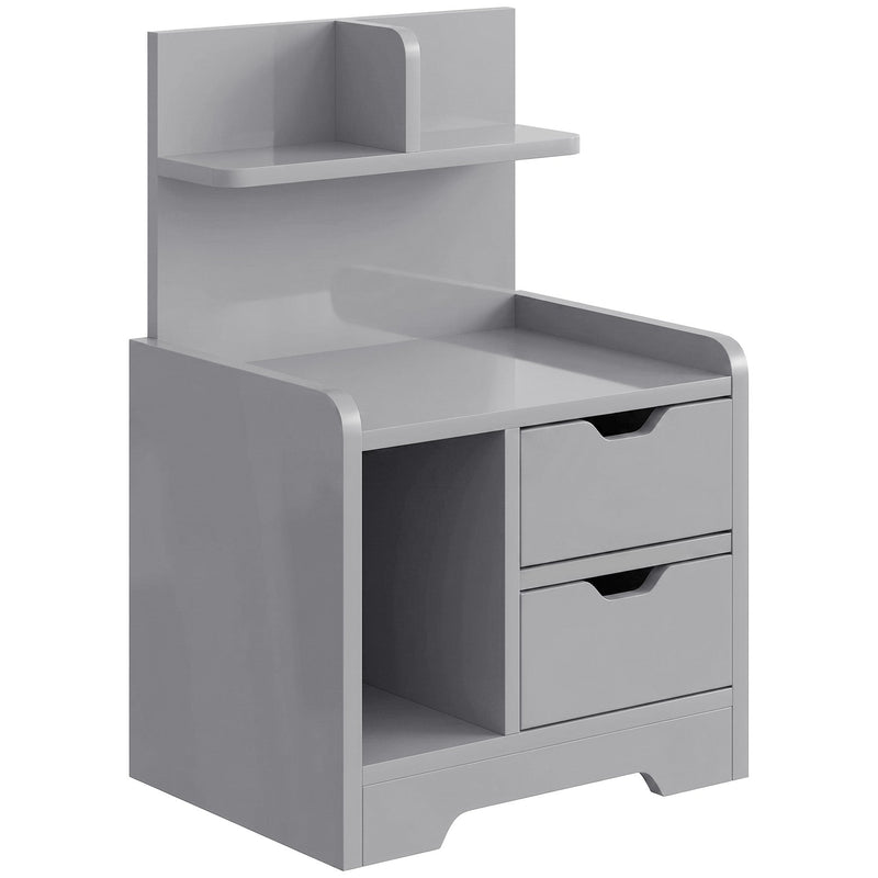 HOMCOM grey bedside table with stepped open shelf and 2 drawers, studio view