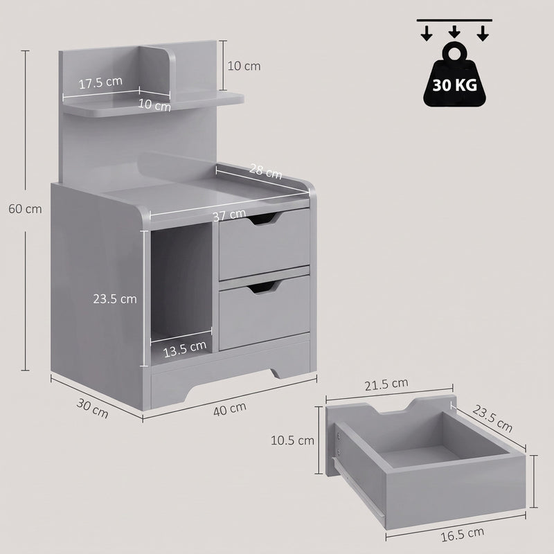 Dimensions diagram of the HOMCOM grey bedside table showing 40W x 30D x 60H cm with shelf and drawer measurements