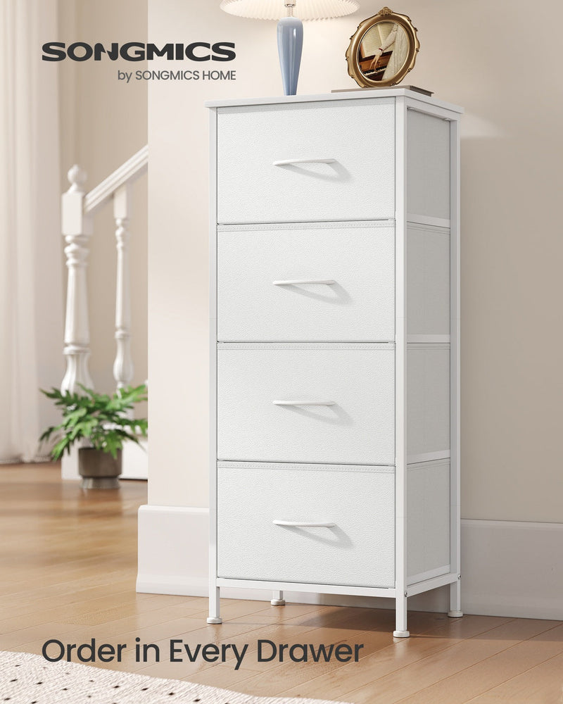 Bedside table with one fabric drawer open showing storage space