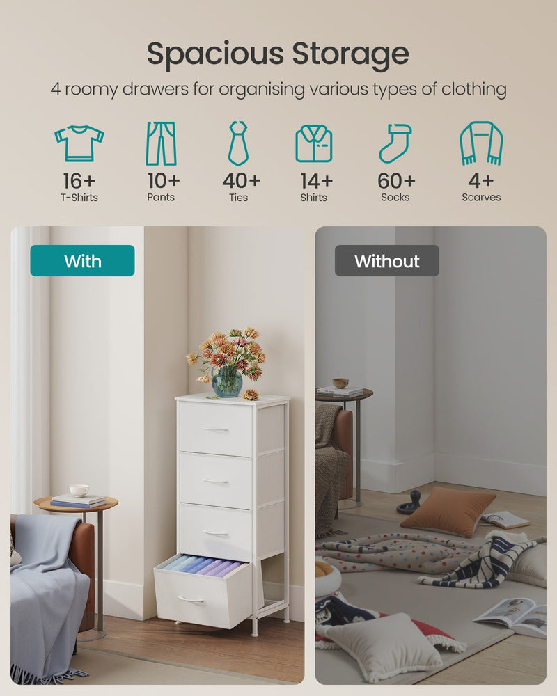 Infographic showing spacious storage capacity of the 4-drawer bedside table