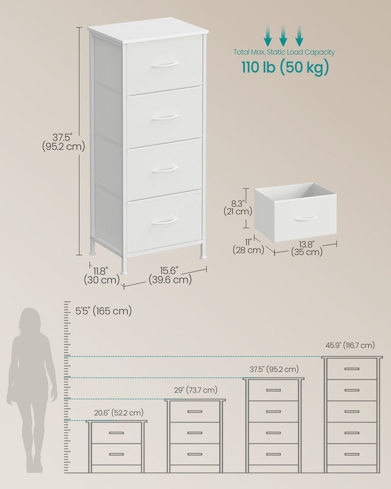 Dimensions diagram of the 4-drawer bedside table, 30 x 39.6 x 95.2 cm