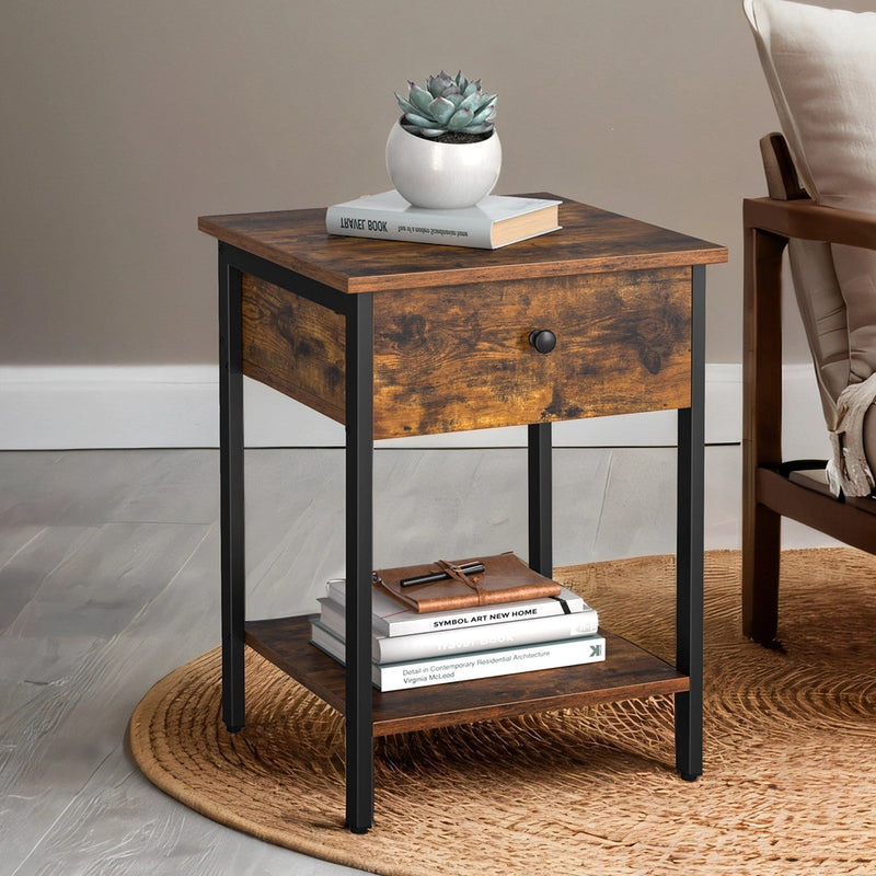 Rustic brown bedside table with drawer and open shelf, front view
