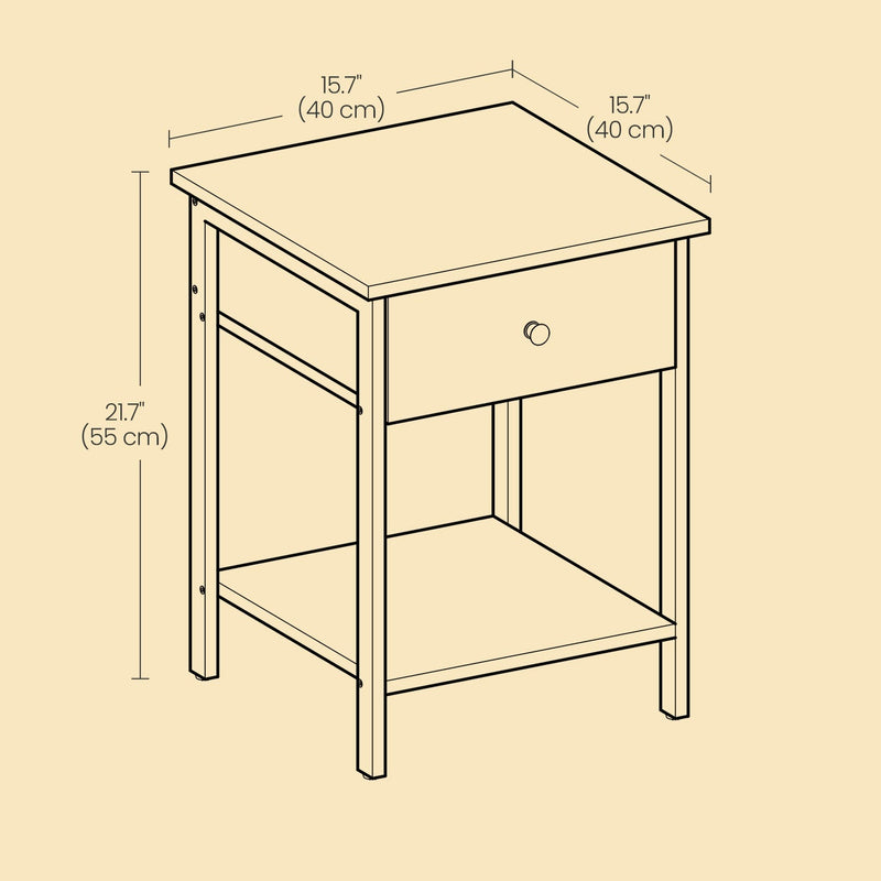 Side view of rustic brown bedside table showing wood grain finish