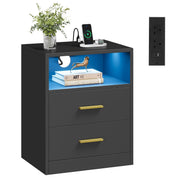 Bedside table with LED-lit open shelf, two gold-handled drawers and a phone charging on top, studio view