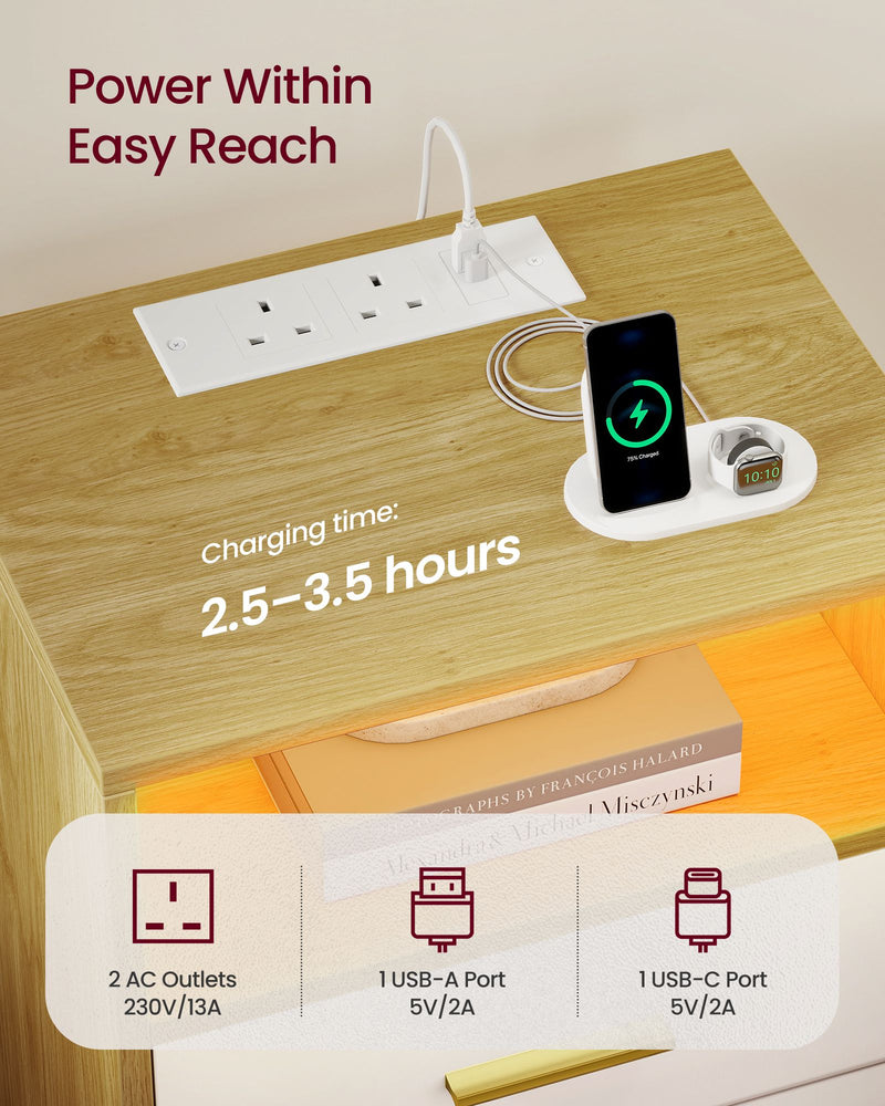 Built-in sockets with a phone on a charging stand, showing a 2.5–3.5 hour charging time