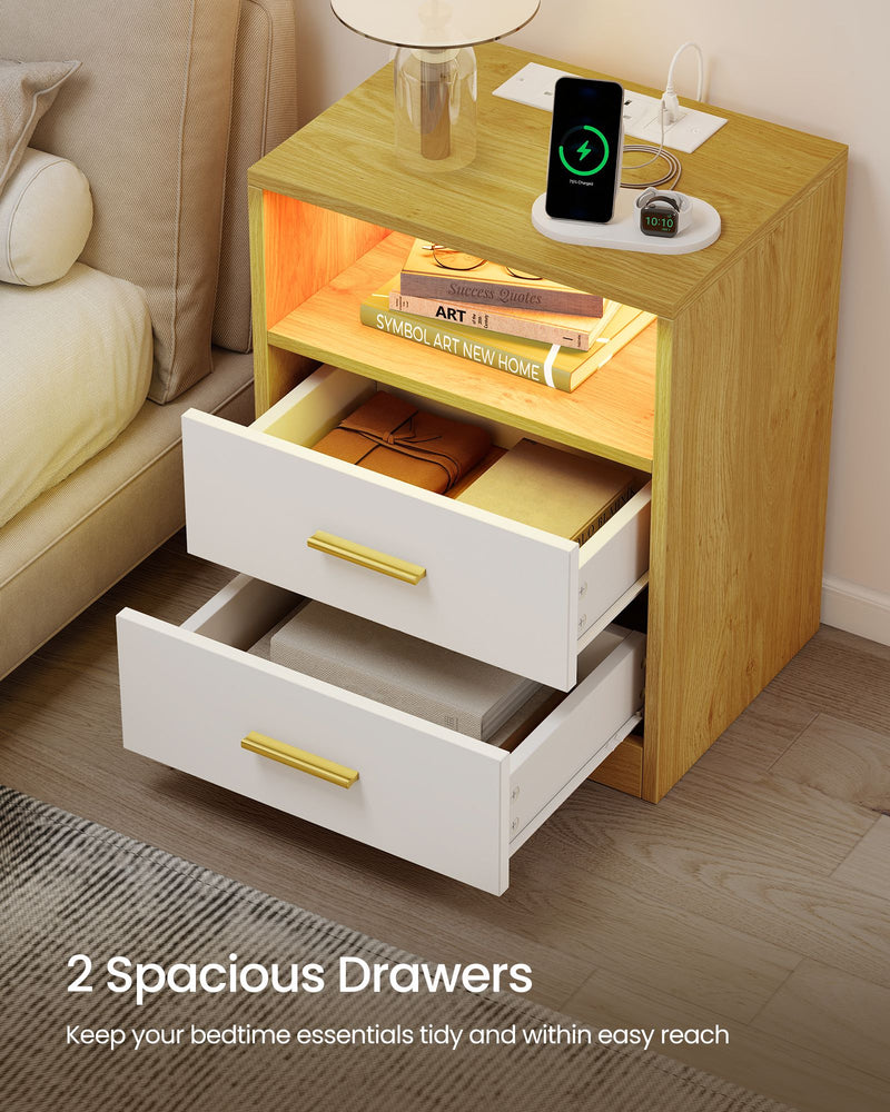 Both drawers pulled out showing storage for folded items