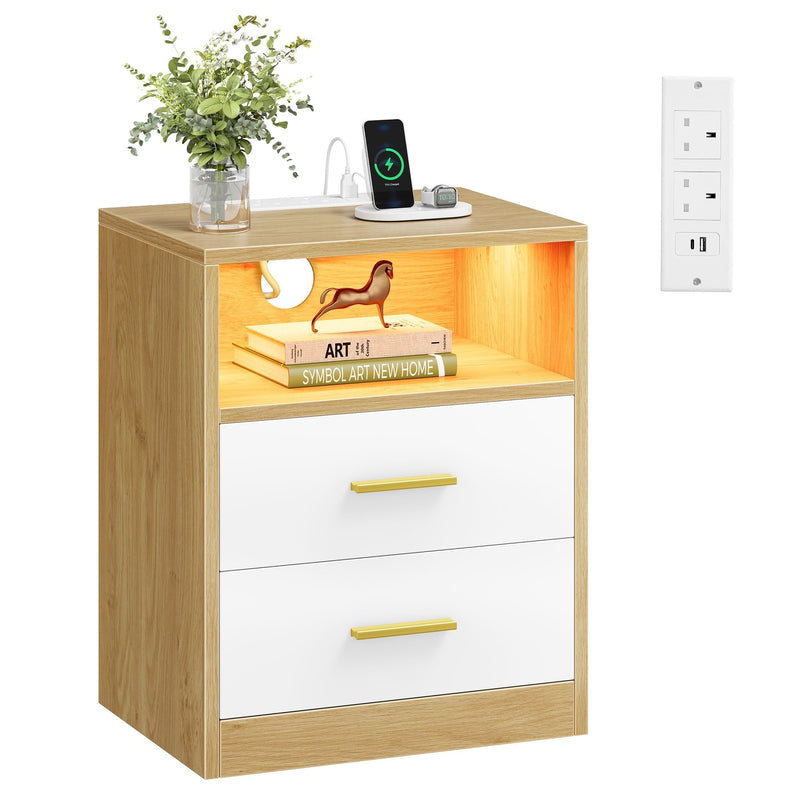 Two-tone bedside table with a plant, phone charging and lit open shelf, studio view
