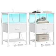 Two Cloud White Songmics bedside tables side by side, each with one fabric drawer, a lit open shelf and a lower shelf