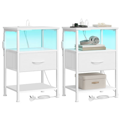 Two Cloud White Songmics bedside tables side by side, each with one fabric drawer, a lit open shelf and a lower shelf