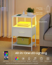 Bedside table lit in yellow beside a sofa, showing app control plus the inline switch for turning the LED light on and off