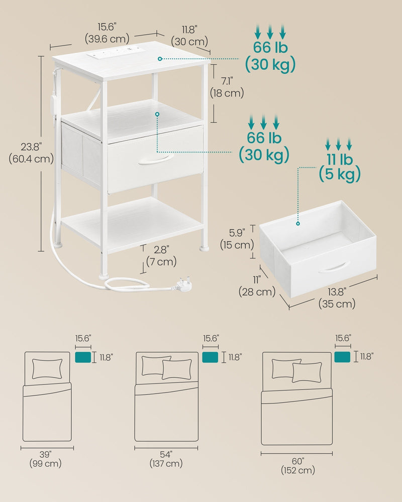 Dimension diagram showing the bedside table at 39.6 cm wide, 30 cm deep and 60.4 cm tall with an 18 cm open shelf
