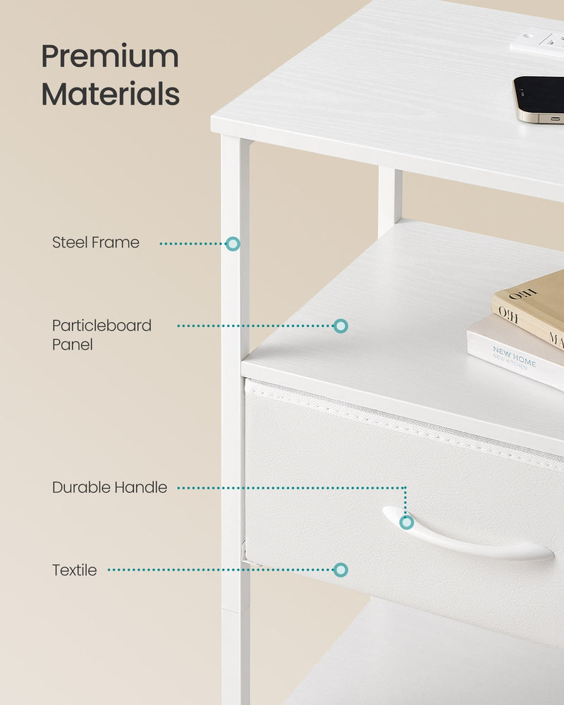 Materials close-up of the white steel frame, particleboard panel and curved drawer handle on the bedside table