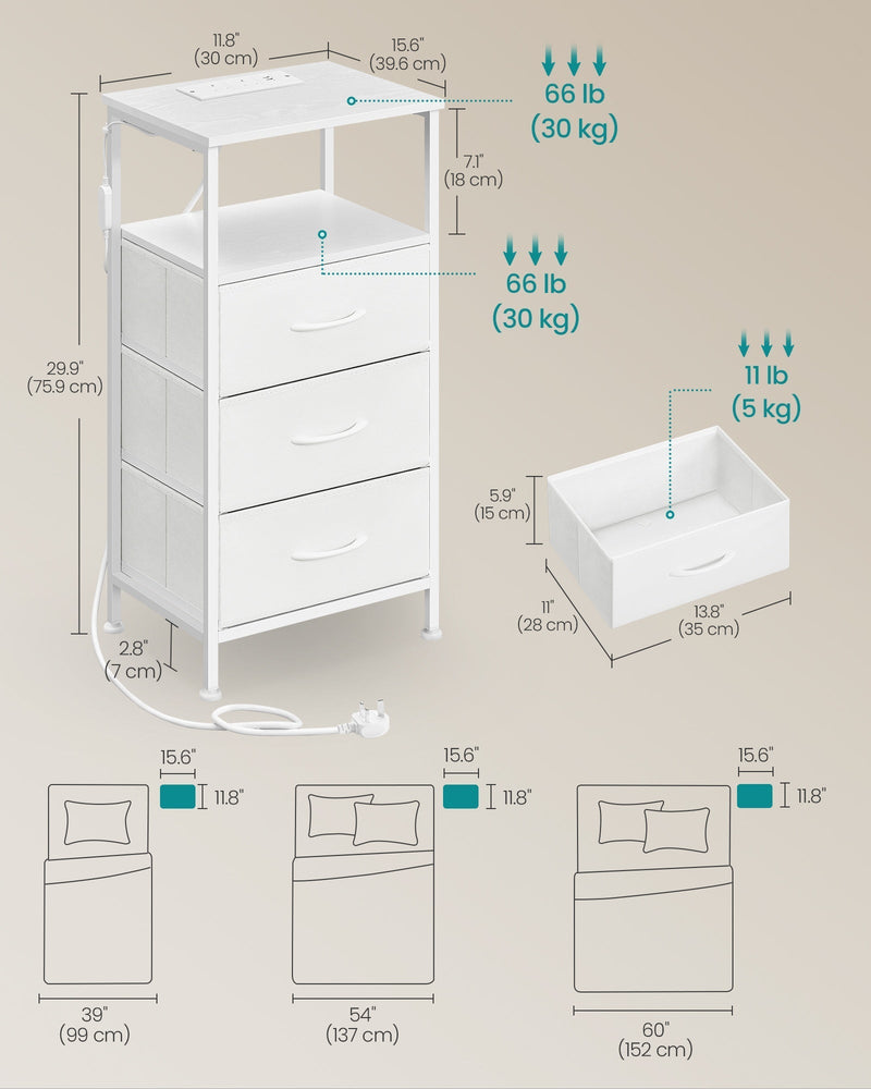 Dimensions diagram of the bedside table showing 39.6 x 30 x 75.9 cm, shelf height 18 cm, drawer interior 35 x 28 x 15 cm and load ratings