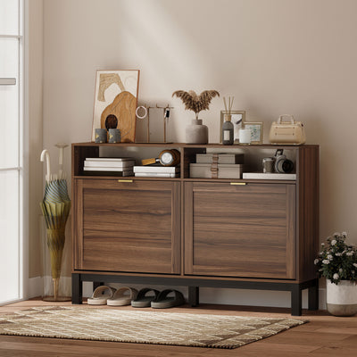Shoe Storage Cabinet for Narrow Hallways with Flip Drawers and Open Shelves Rustic Brown AOSOM