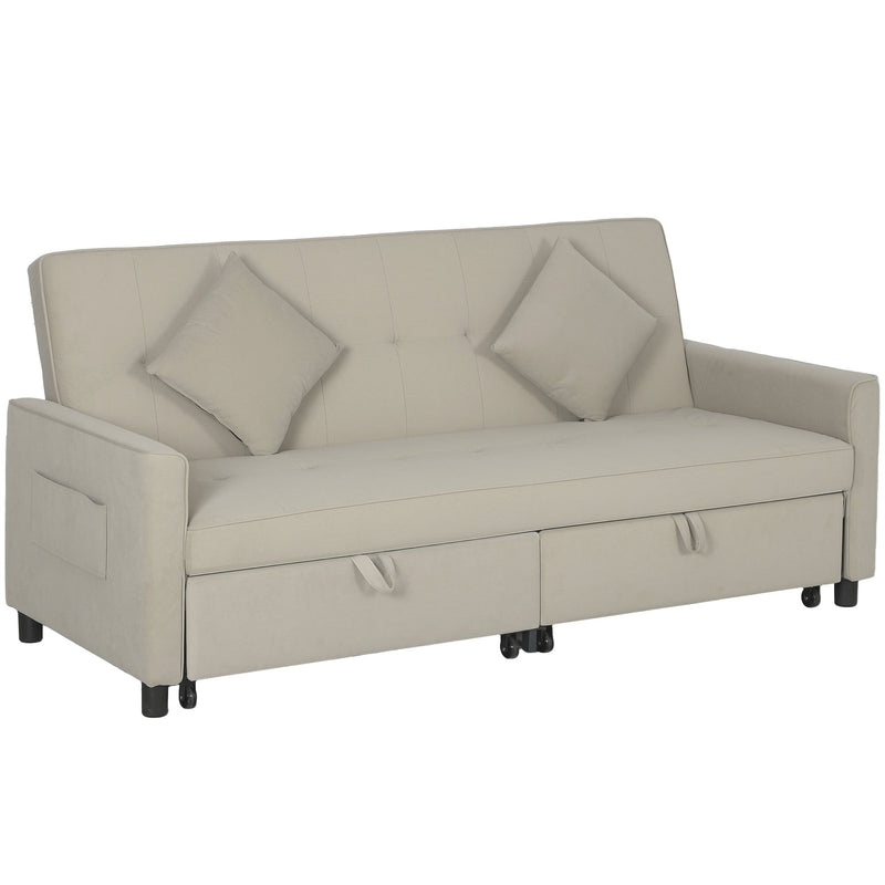 Homcom beige velvet three seater sofa bed with two scatter cushions, studio shot