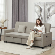 Woman reading on the beige velvet sofa bed in a curtained living room