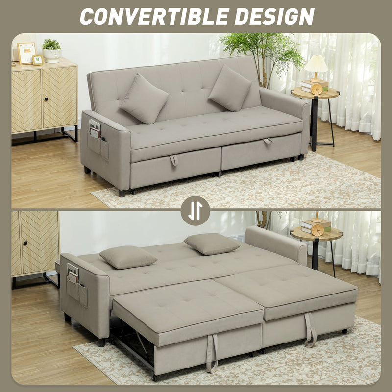 Montage showing the pull-out mechanism converting the sofa into a bed