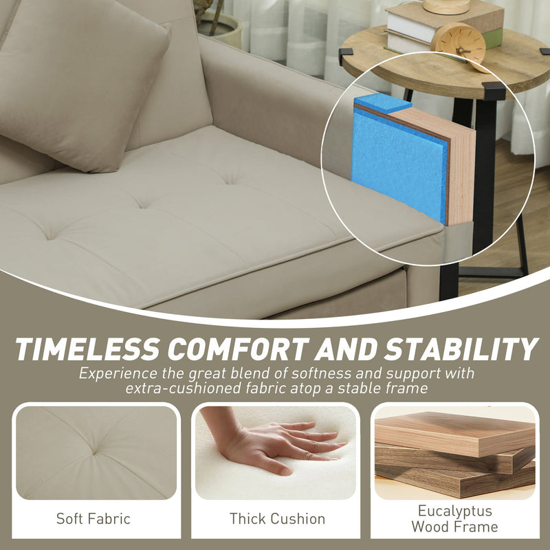 Close-up panel showing soft fabric, thick cushioning and the eucalyptus wood frame
