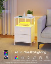 Bedside table with app-controlled LED lighting glowing at night