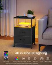 BELLAH bedside table with app-controlled LED lighting glowing at night, ink black