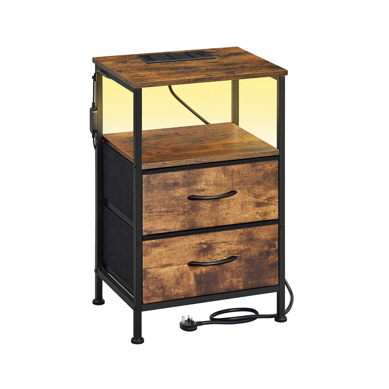 Rustic brown BELLAH bedside table with built-in charging station, front view