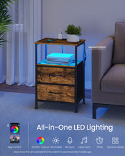 BELLAH bedside table with app-controlled LED lighting glowing at night, rustic brown