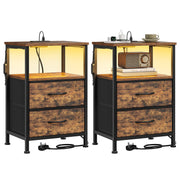 Pair of Songmics Bellah rustic brown bedside tables with LED-lit open shelves and 2 drawers each