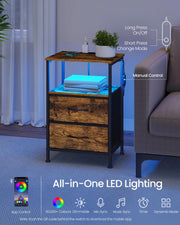 Bellah bedside table app-controlled LED lighting shown in blue under the open shelf
