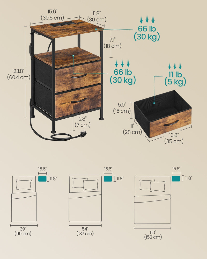 Dimension diagram of the Songmics Bellah bedside table: 30 x 39.6 x 60.4 cm with drawer size