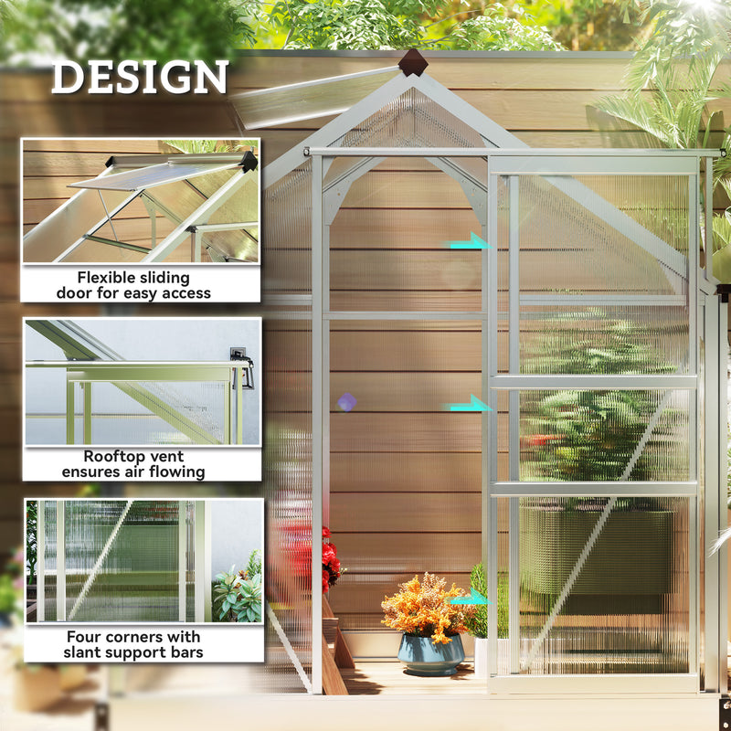 Walk In Polycarbonate Greenhouse With Aluminium Frame And Sliding Door 6x4ft Silver AOSOM