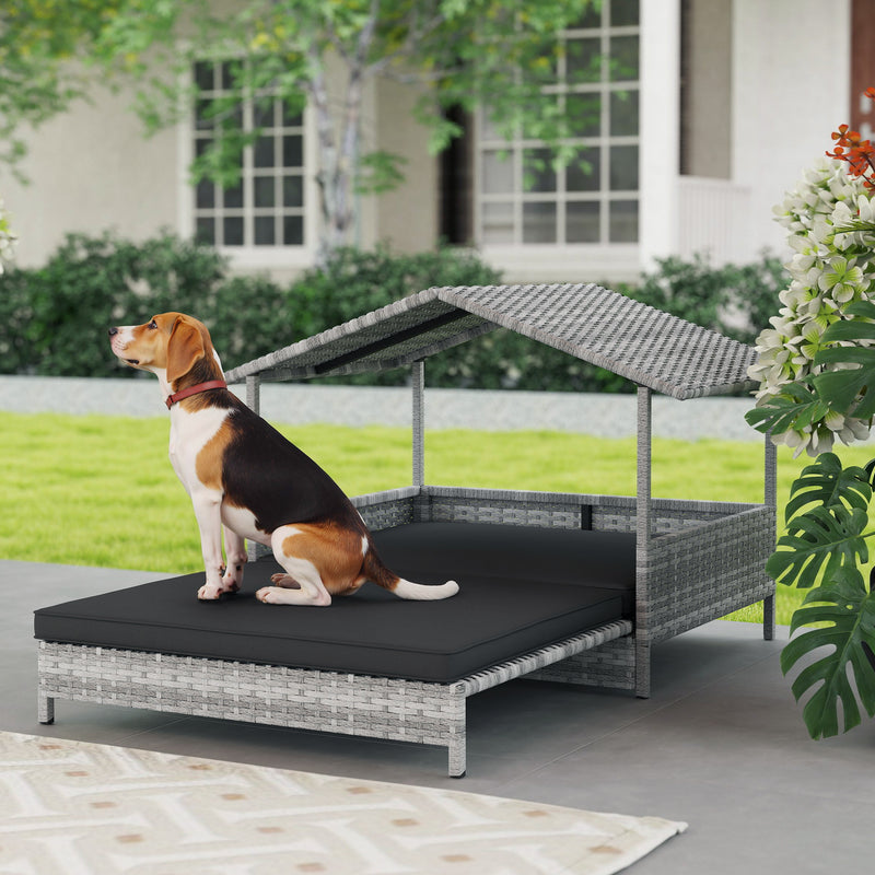 Extendable Elevated Rattan Dog Bed With Water Resistant Roof and Cushion Charcoal Grey by PawHut