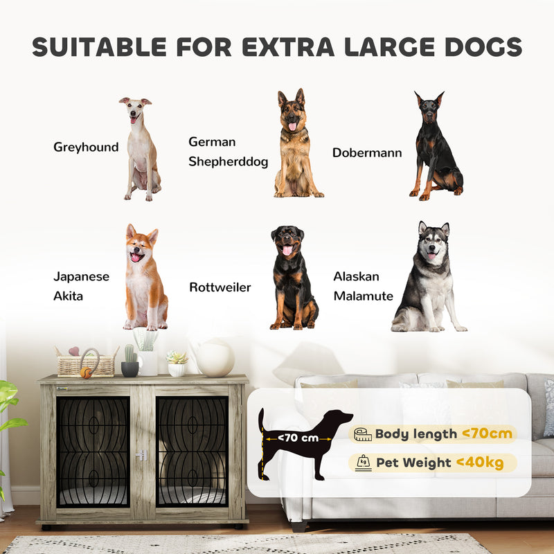 Extra Large Indoor Dog Crate Table With Cushion and Lockable Door For Home Use Grey