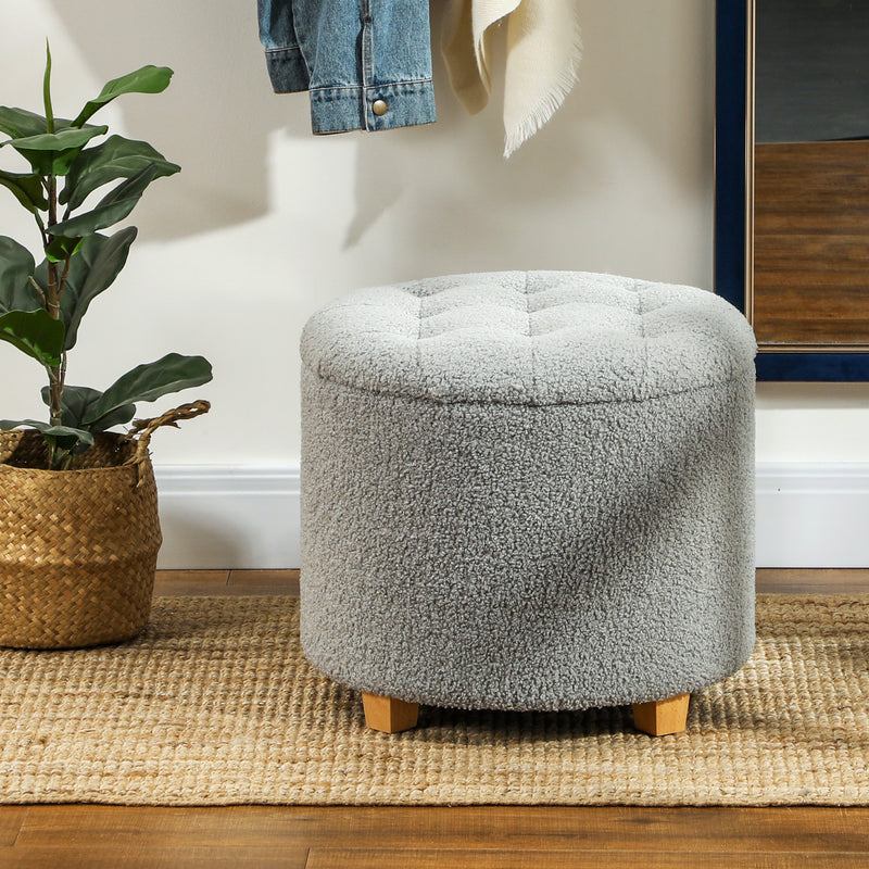Teddy Fleece Storage Round Ottoman with Lid Grey 31.8L by HOMCOM
