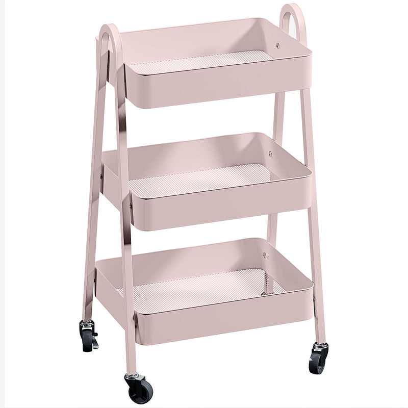 Pink Three Tier Rolling Storage Trolley with Wheels for Home or Office Use
