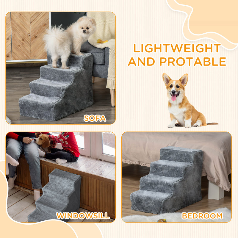 Four Step Pet Stairs with Washable Plush Cover for Small Dogs and Cats Light Grey AOSOM