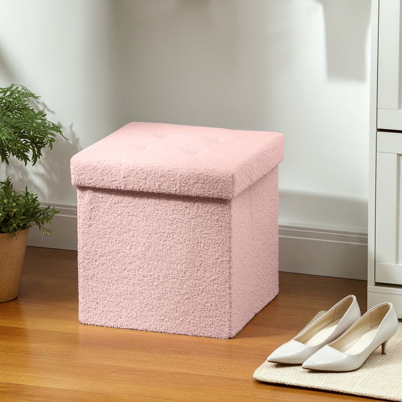 Foldable Sherpa Fleece Storage Ottoman with Removable Lid Ideal for Bedrooms Pink