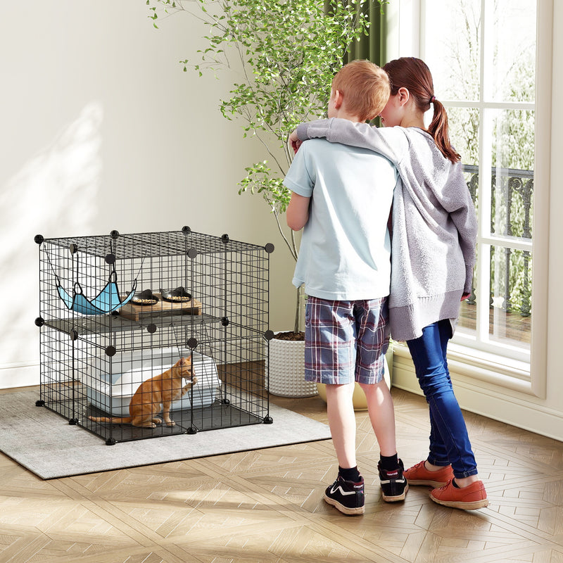 Modular Indoor Cat Enclosure with Climbing Ladder and Hammock for Secure Play Black AOSOM
