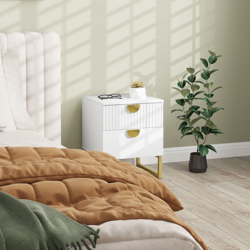 White 2 Drawer Bedside Table with Gold Legs Elegant Design by HOMCOM